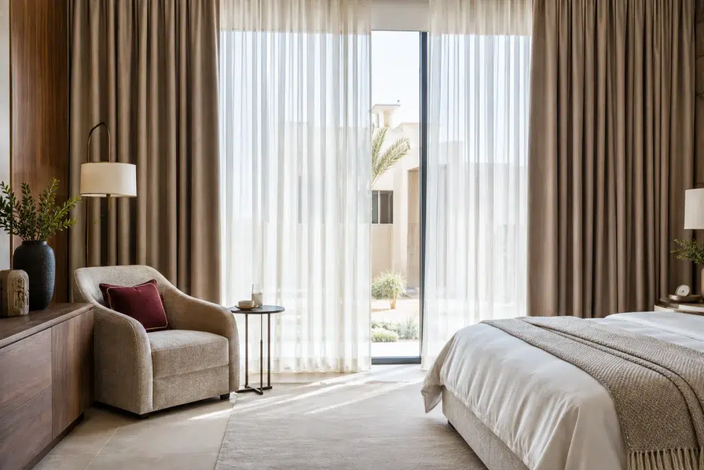UAE bedroom with layered sheer and blackout curtains, upholstered chair and bedding