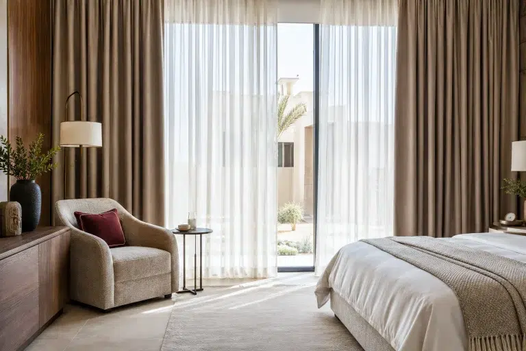 UAE bedroom with layered sheer and blackout curtains, upholstered chair and bedding